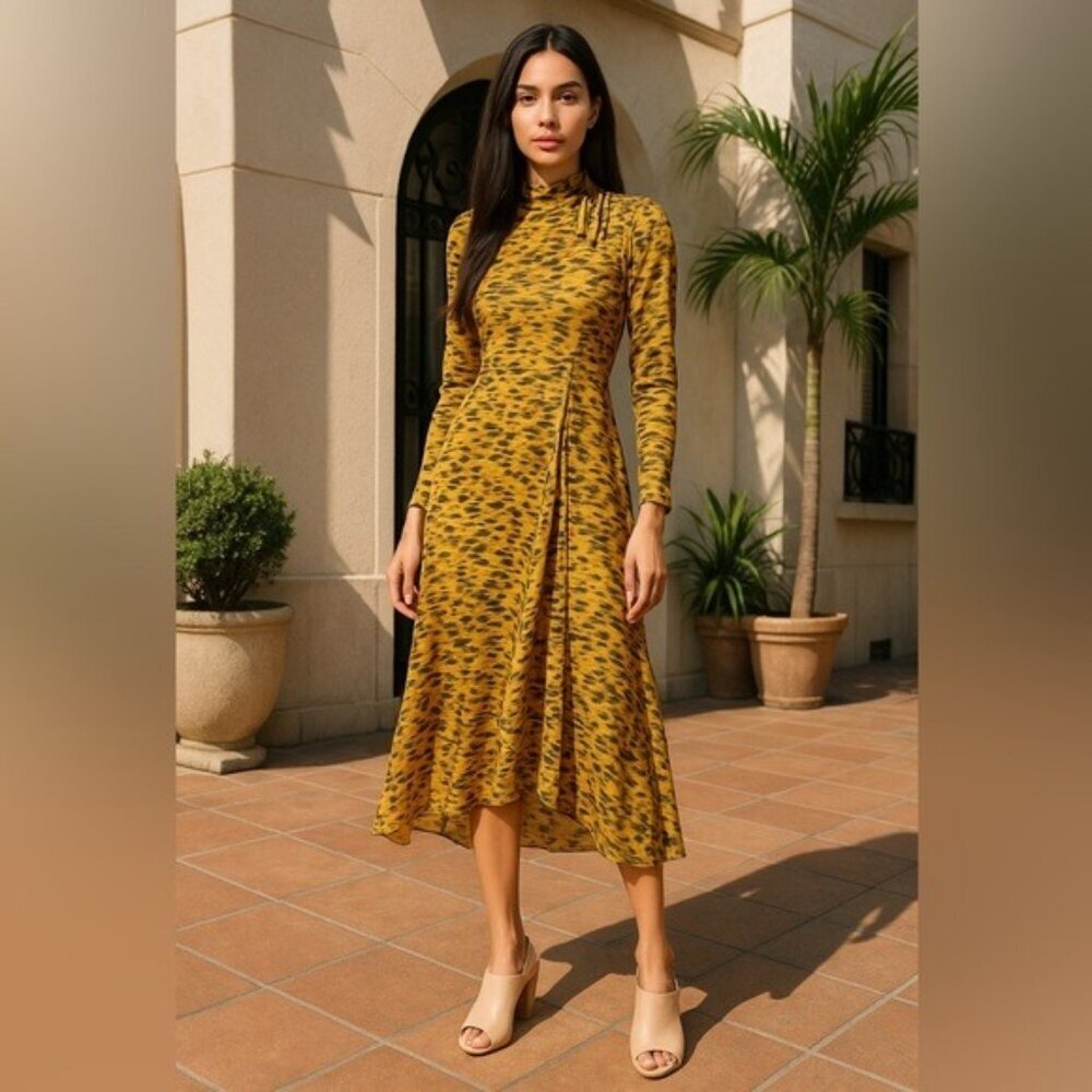 Whistles Ines Ikat Animal Print Long Sleeve Midi Dress Size 0 NWOT Autumncore